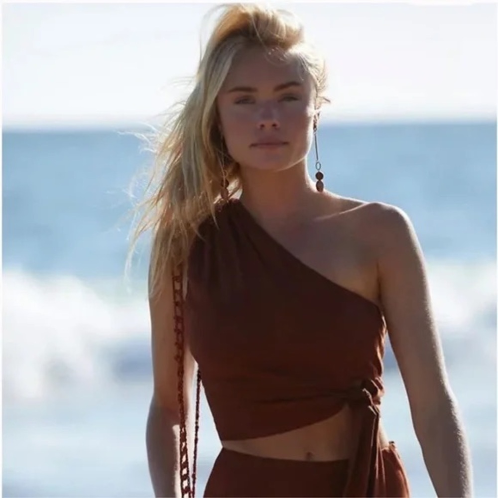 Free People Alexa Neutral Brown Vacation One Shoulder Tie Crop Top